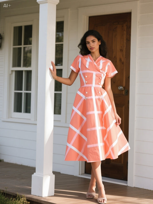 Vintage-Inspired Coral Windowpane Fit-and-Flare Dress