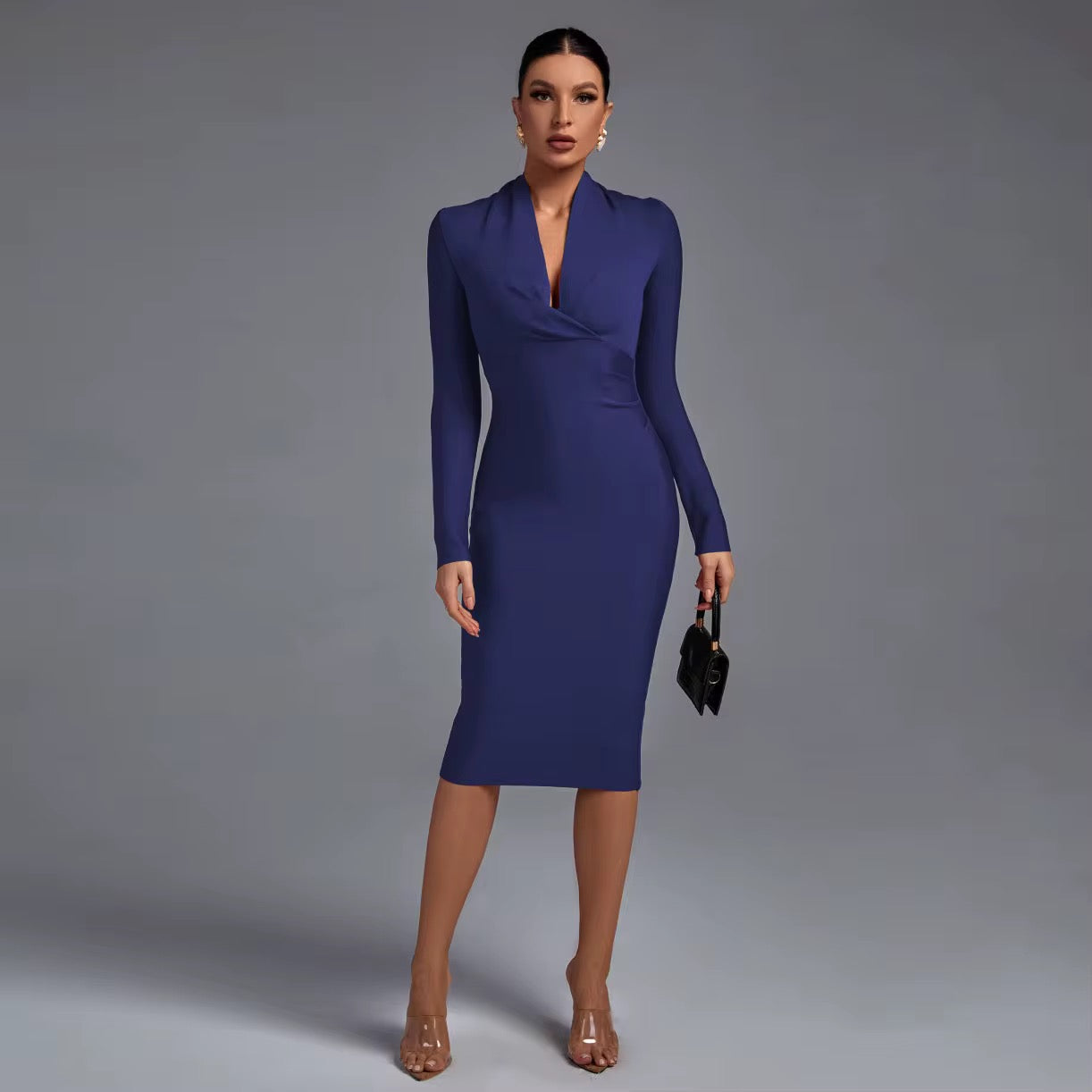 Elegant Midi Bodycon Bandage Dress - Hollow Out Drawstring Party Dress