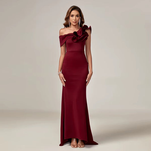 Women's One-Shoulder Sequined Party Dress - Elegant V-Neck Maxi Gown with Chapel Train