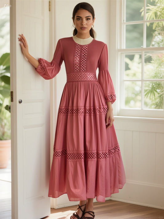 Romantic Dusty Rose Maxi Dress with Crochet Lace Details