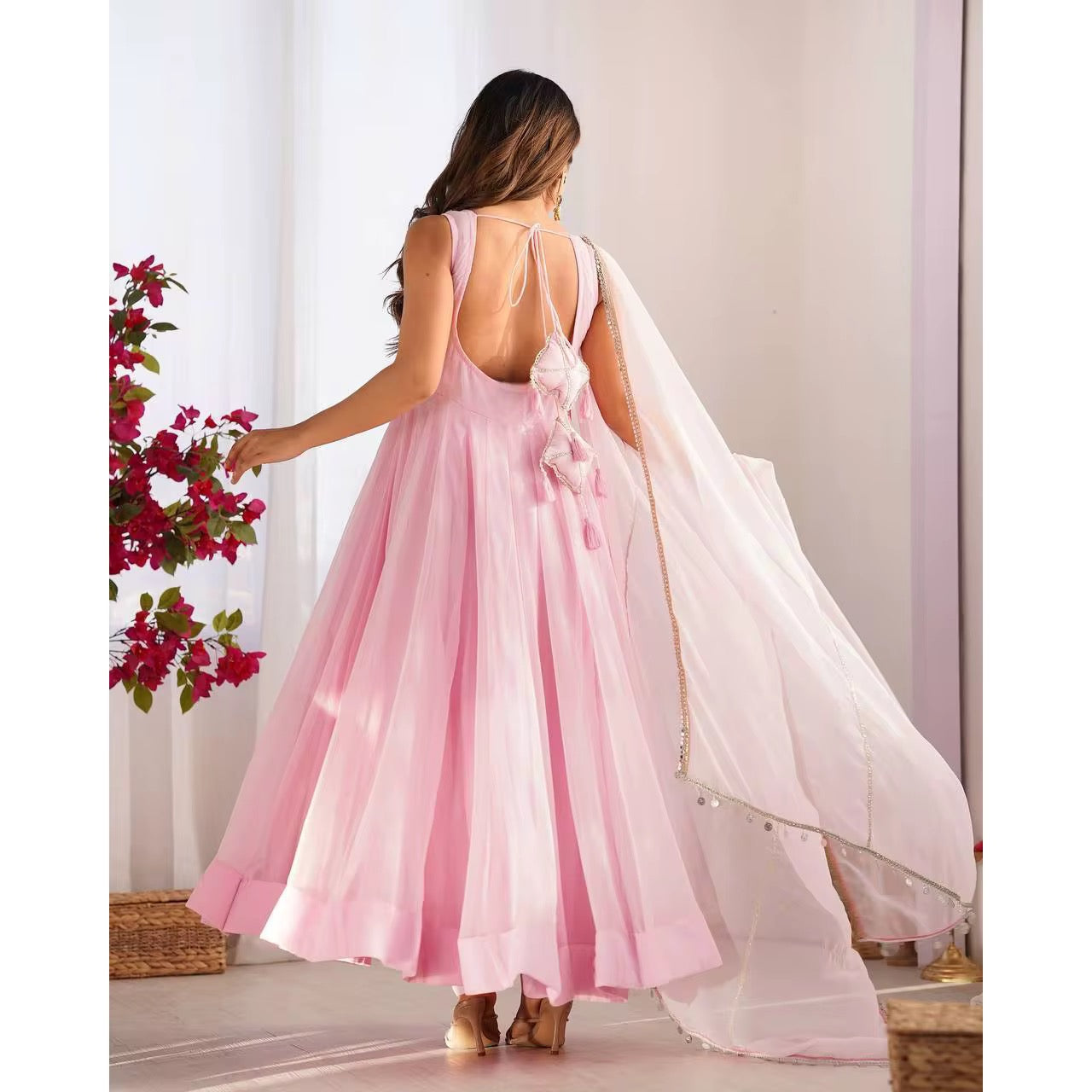 Anarkali Party Wear Designer Gown - Pink Georgette Embroidered Suit Set