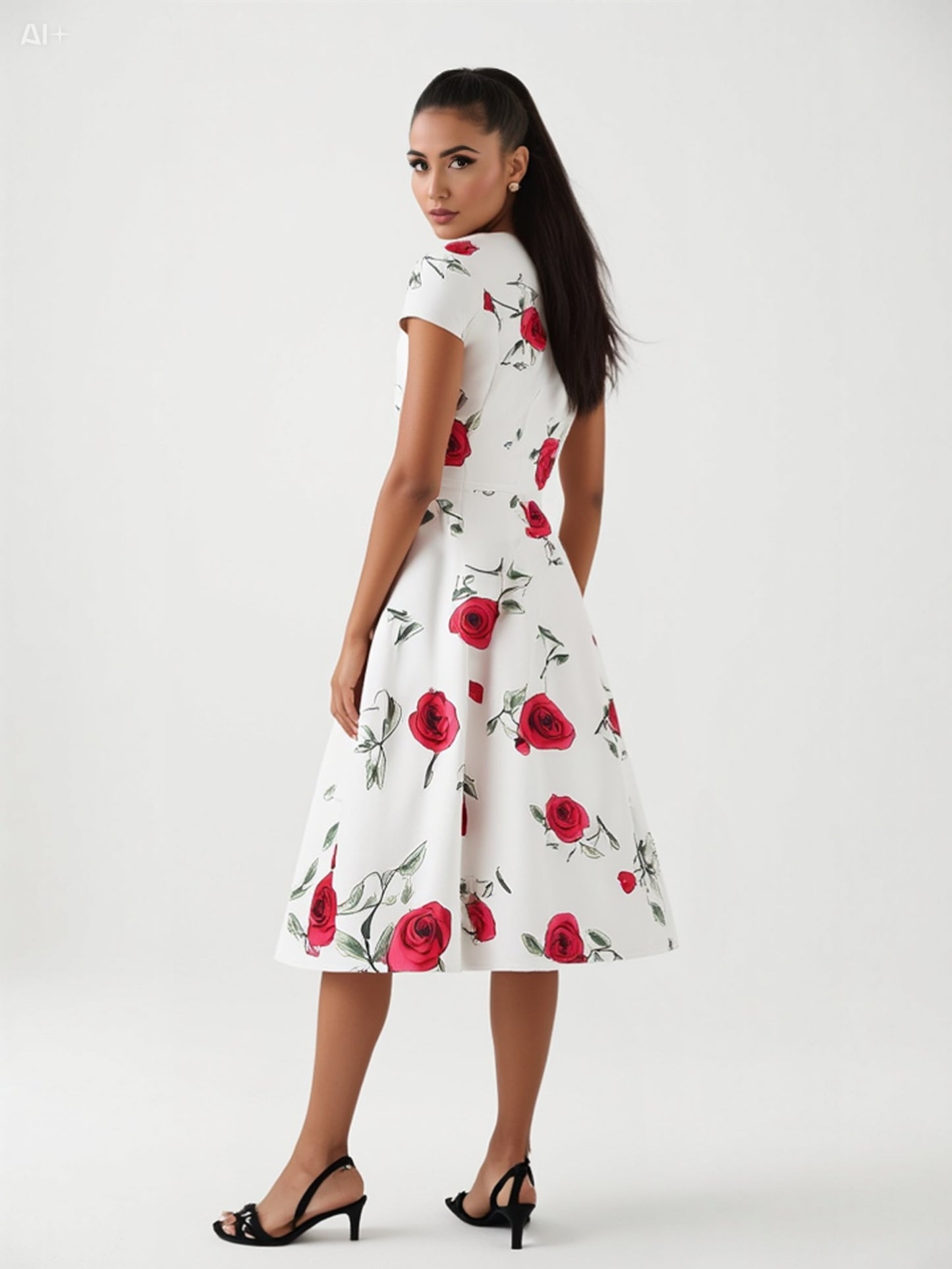 Romantic White Dress with Red Rose Print