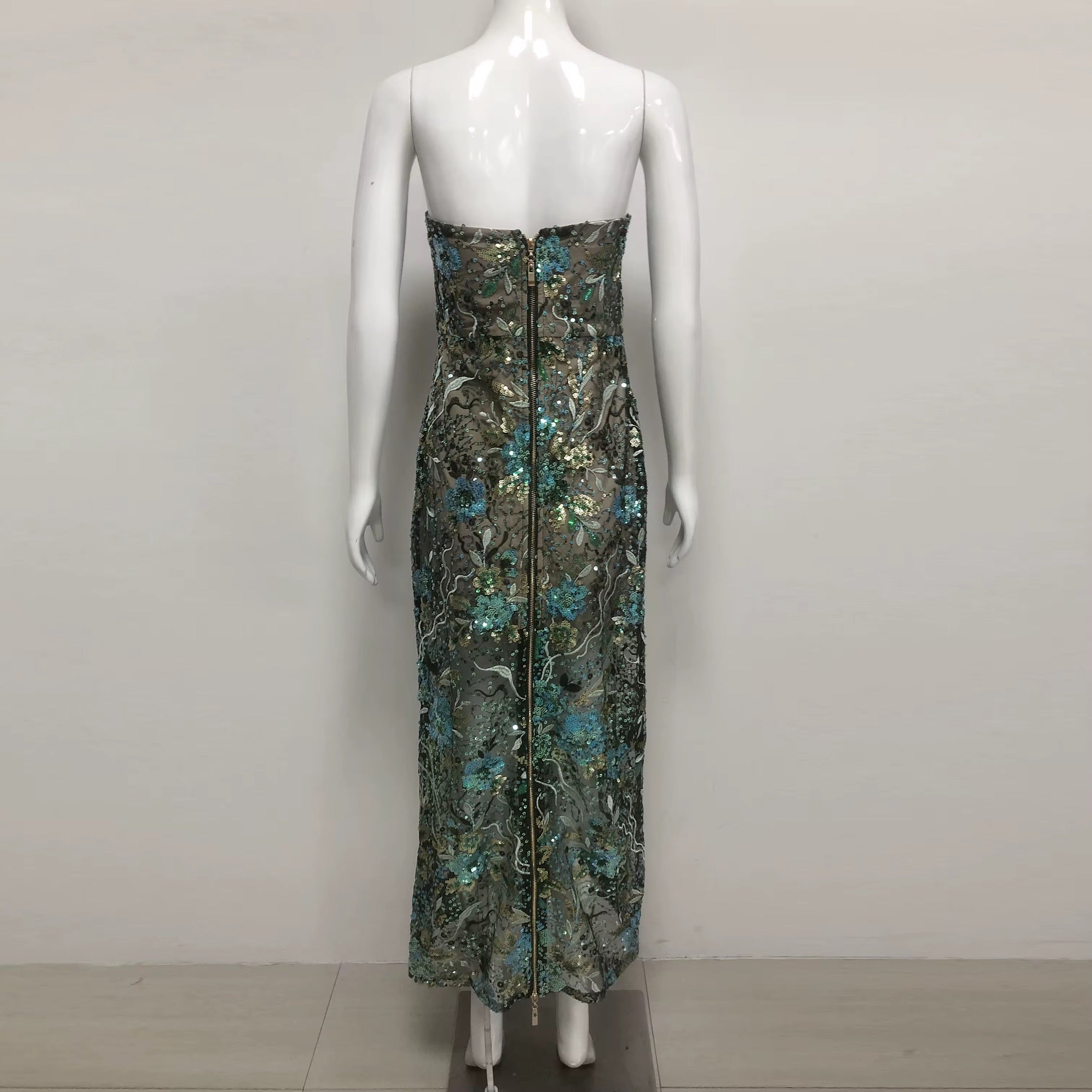 Green Floral Sequin Embroidery Maxi Evening Dress - Strapless Formal Gown