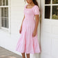 Elegant Pink Smocked Midi Dress with Puff Sleeves