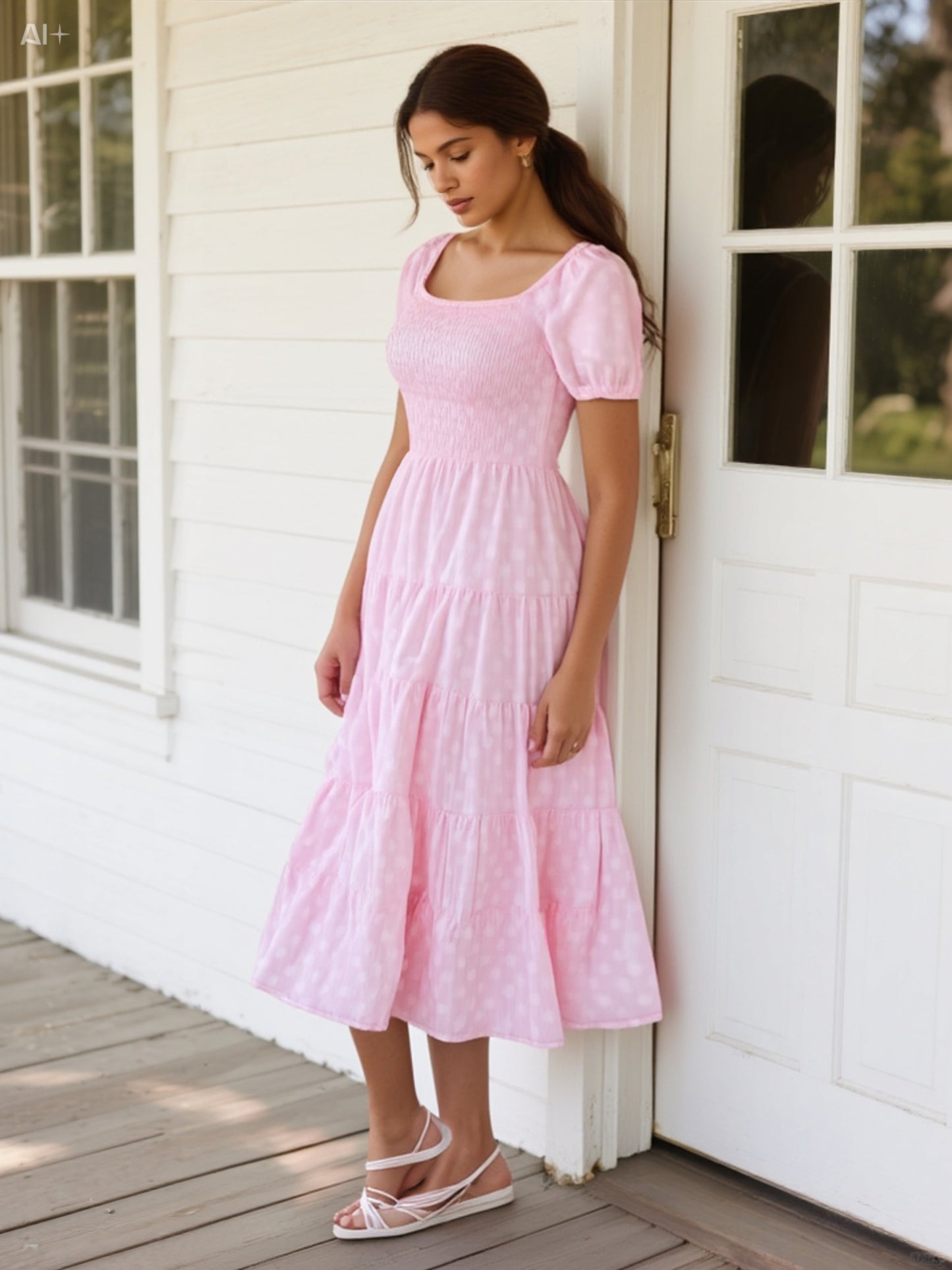 Elegant Pink Smocked Midi Dress with Puff Sleeves