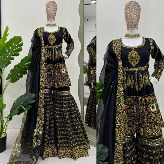 Premium Black Embroidered Sharara Set - Bollywood Velvet Party Wear