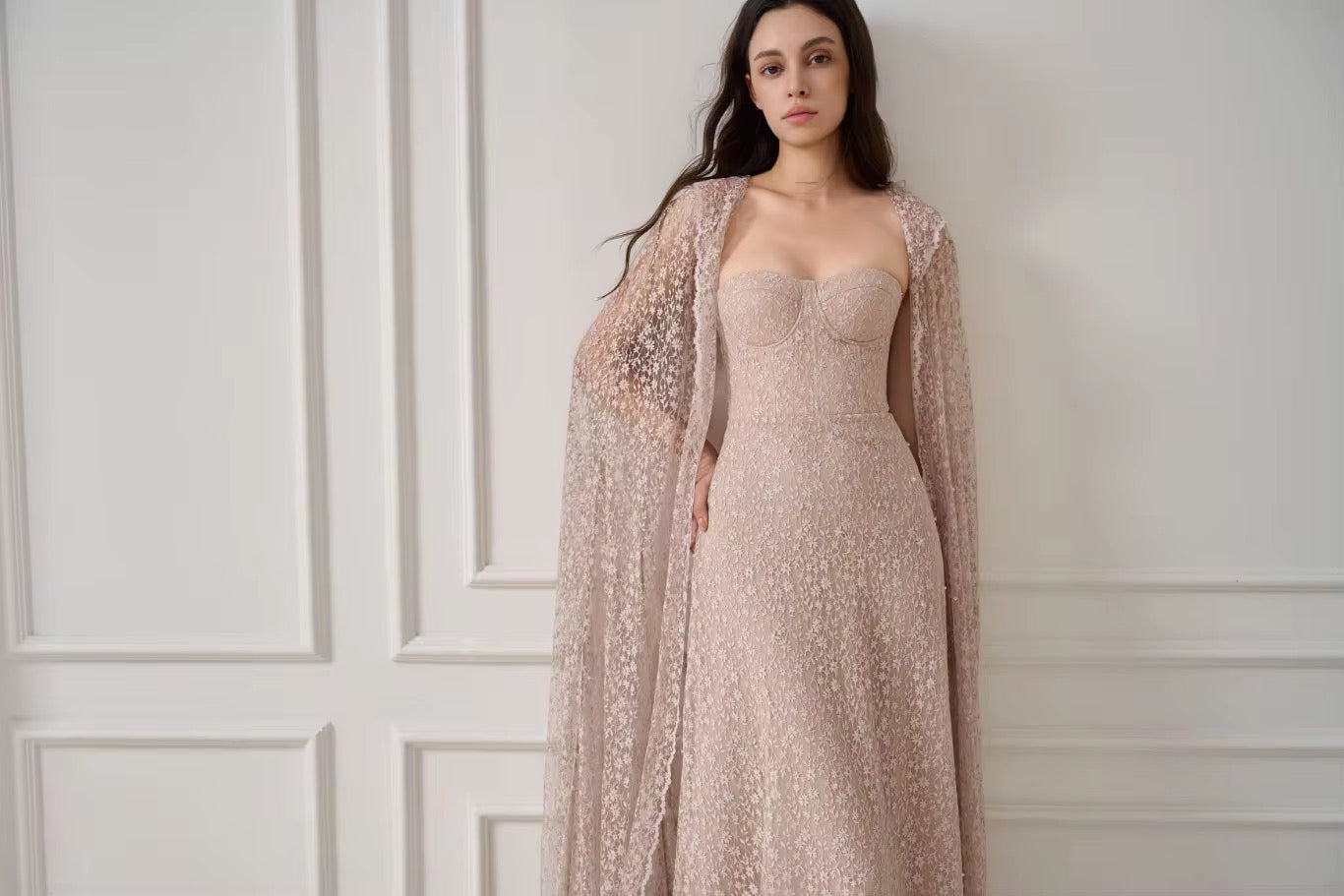 Aurora Lace Rhinestone Long Cape - Crystal Embellished Evening Wear