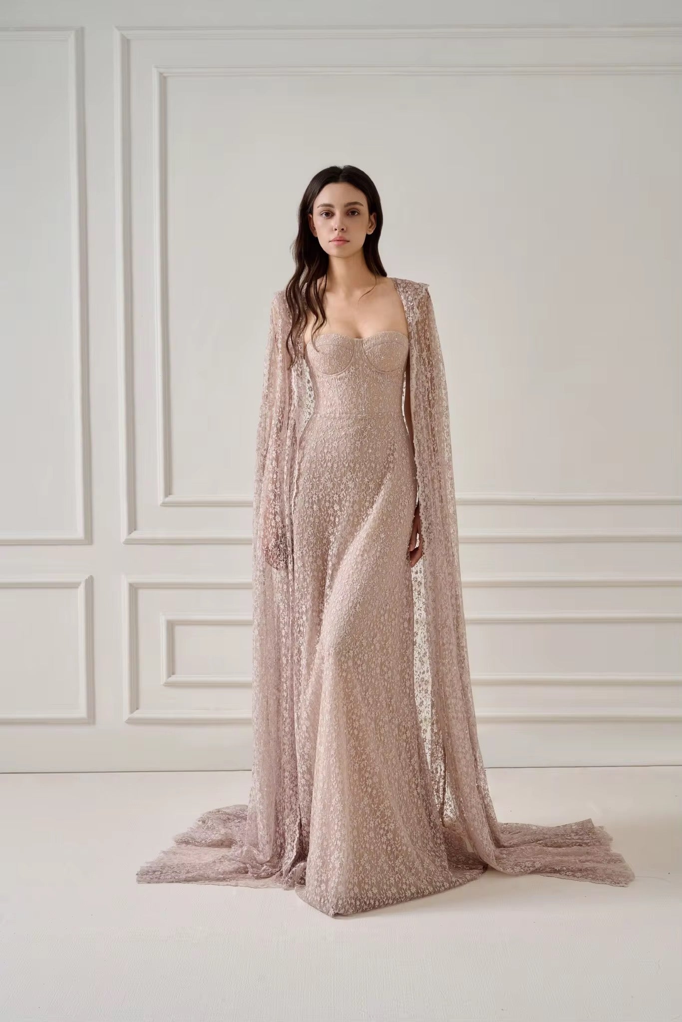 Aurora Lace Rhinestone Long Cape - Crystal Embellished Evening Wear