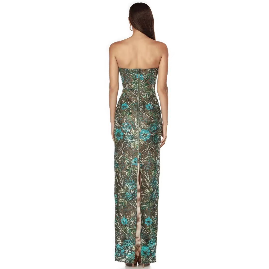 Green Floral Sequin Embroidery Maxi Evening Dress - Strapless Formal Gown