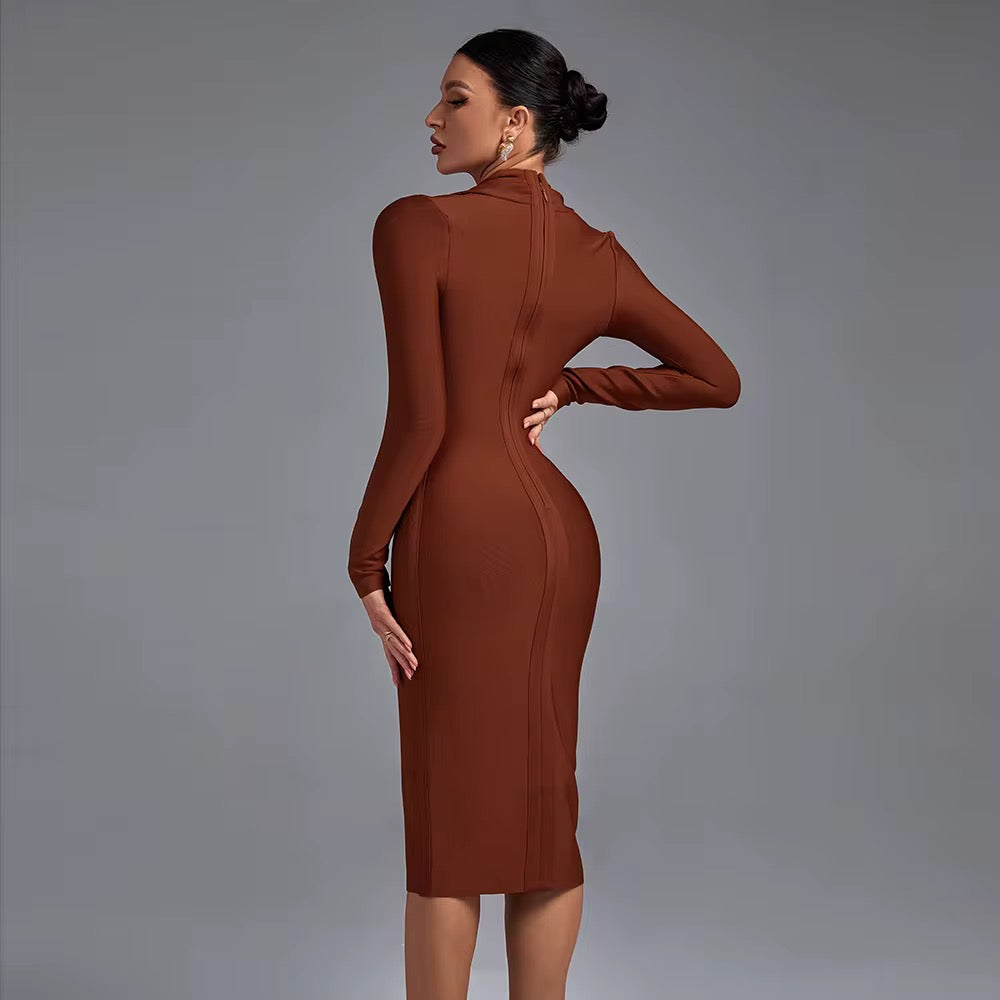 Elegant Midi Bodycon Bandage Dress - Hollow Out Drawstring Party Dress
