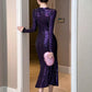 Women's Striped Sequined Mermaid Party Gown - Elegant V-Neck Long Sleeve Evening Dress