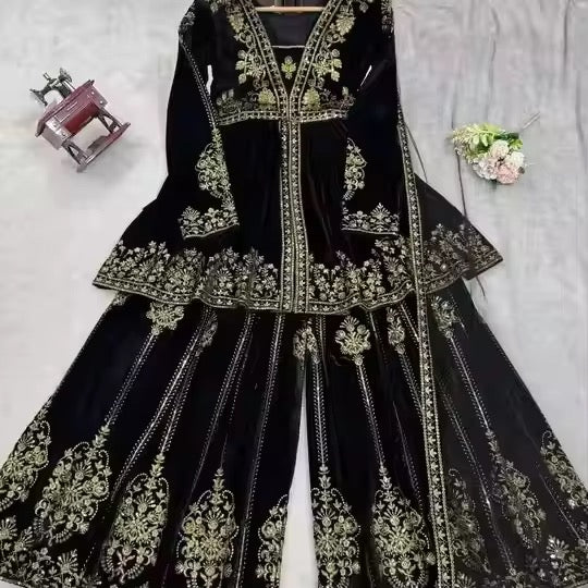 Embroidered Black Velvet Palazzo Sharara - Bollywood Party Wear