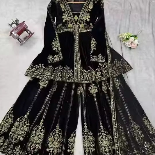 Embroidered Black Velvet Palazzo Sharara - Bollywood Party Wear