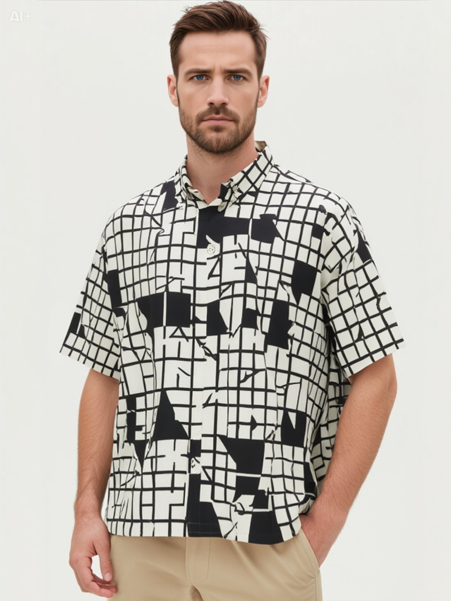 Oversized Black & White Grid Print Shirt - Boxy Fit