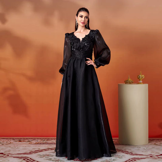 Luxury Black Evening Ball Gown - Sequin V-Neck Maxi Dress