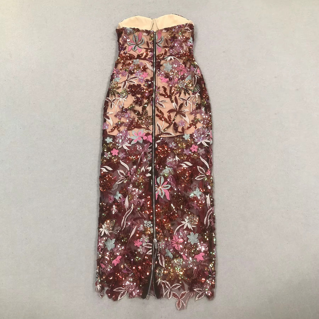 Luxe Floral Sequin Evening Dress - Embroidered Strapless Gown