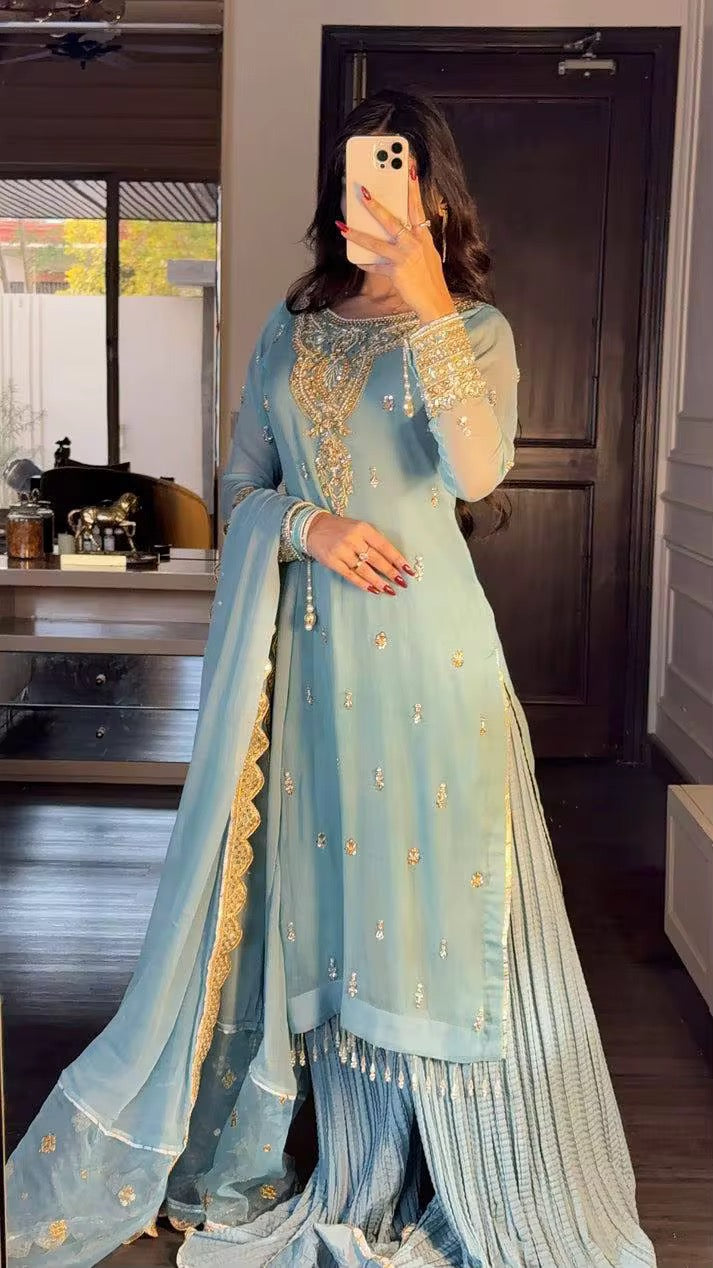 Bollywood Salwar Kameez with Heavy Embroidery - Sky Blue