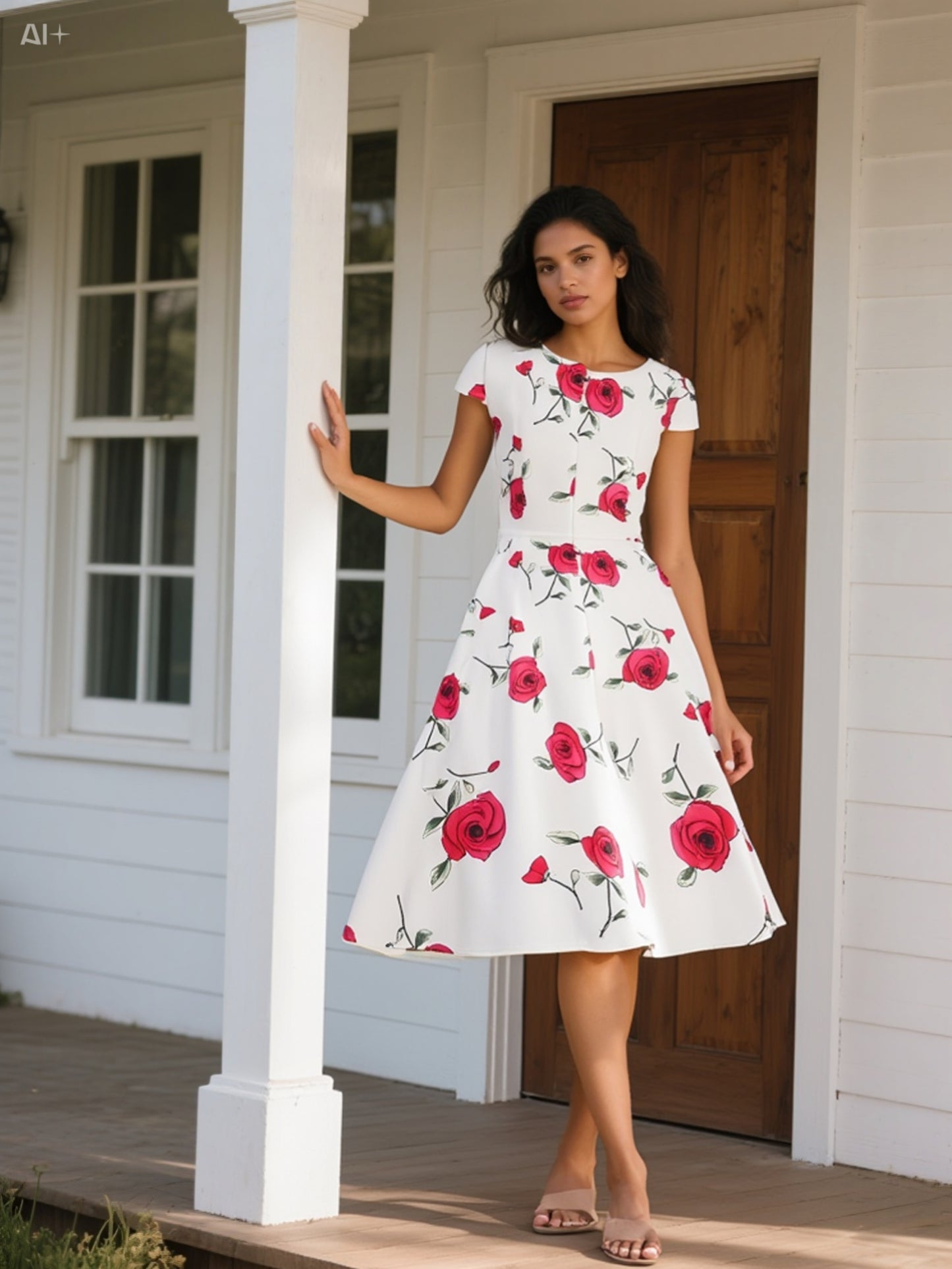 Romantic White Dress with Red Rose Print