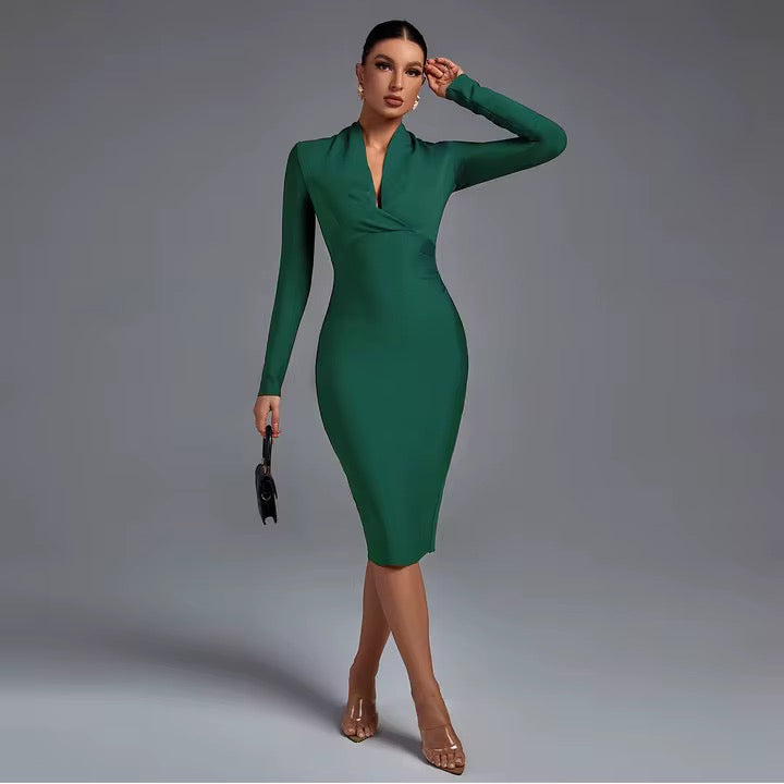 Elegant Midi Bodycon Bandage Dress - Hollow Out Drawstring Party Dress