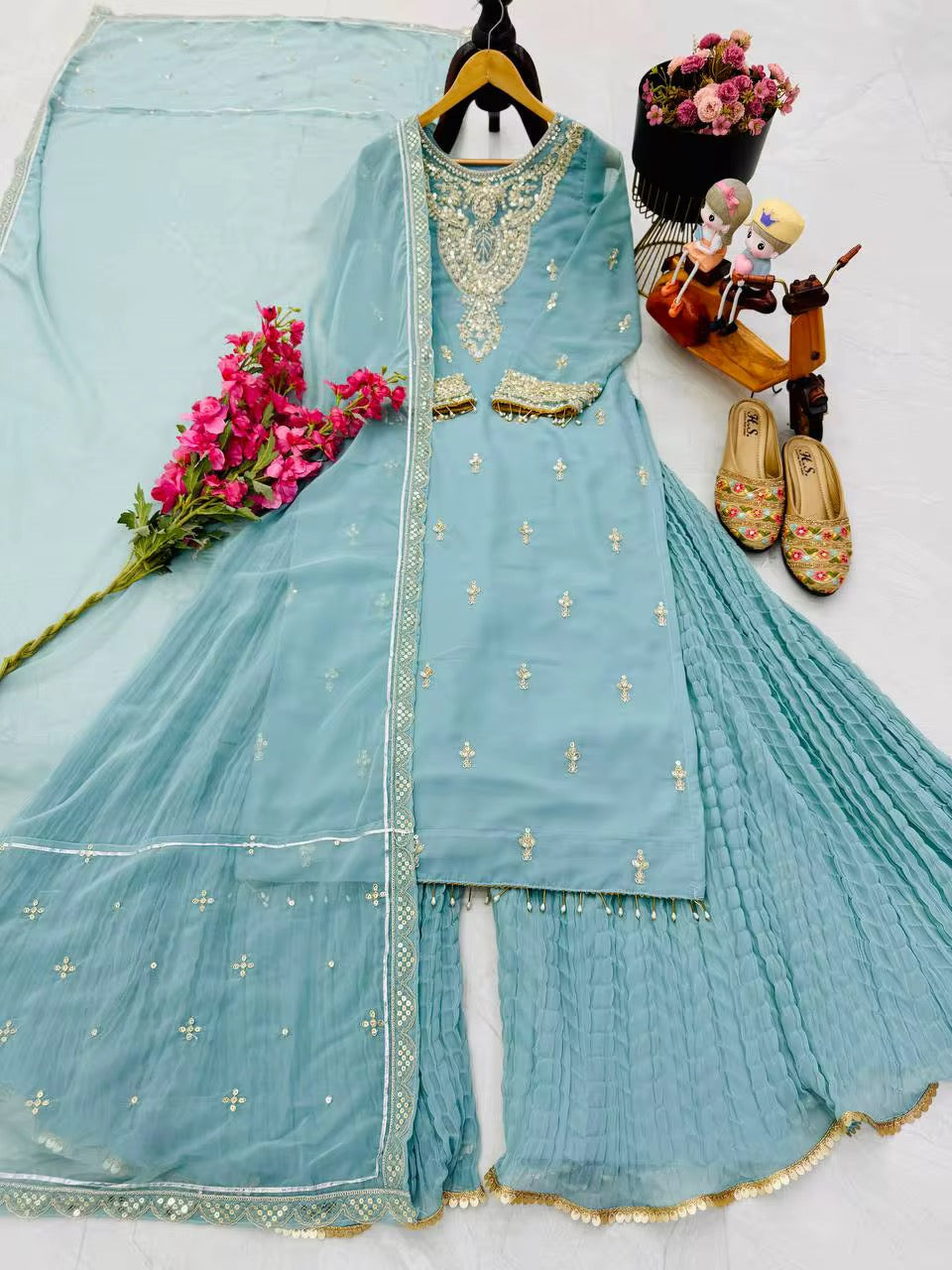 Bollywood Salwar Kameez with Heavy Embroidery - Sky Blue