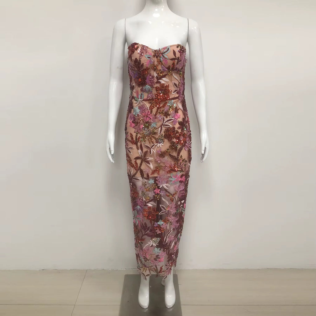 Luxe Floral Sequin Evening Dress - Embroidered Strapless Gown