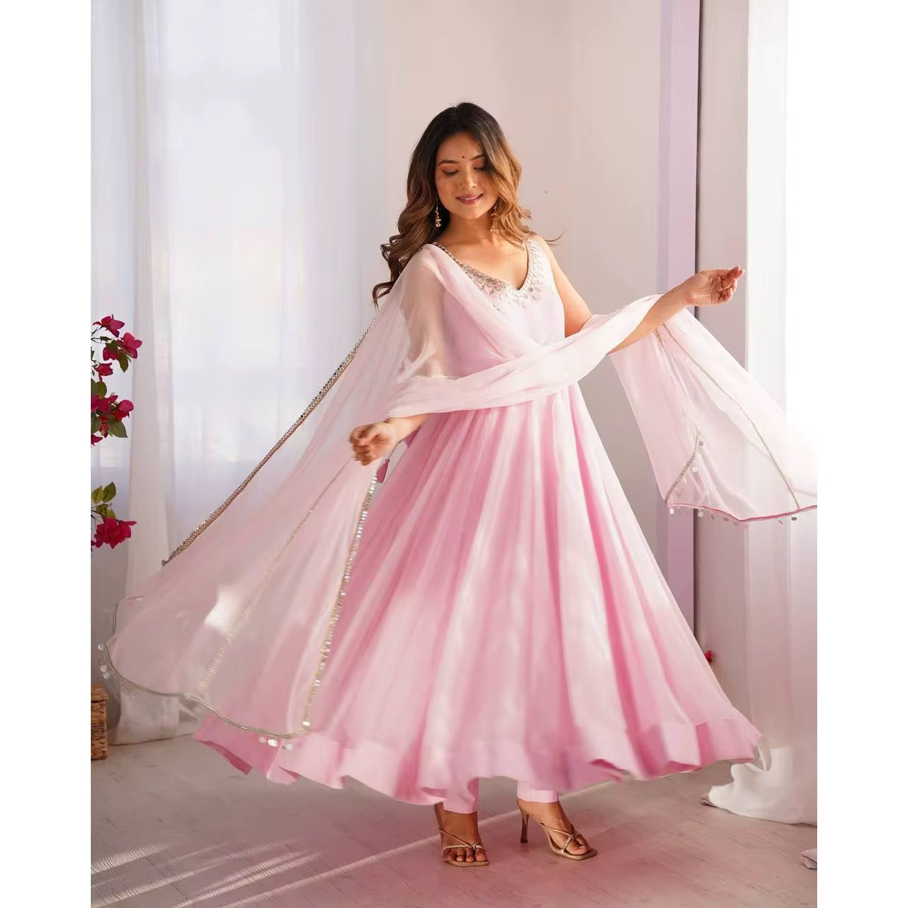 Anarkali Party Wear Designer Gown - Pink Georgette Embroidered Suit Set