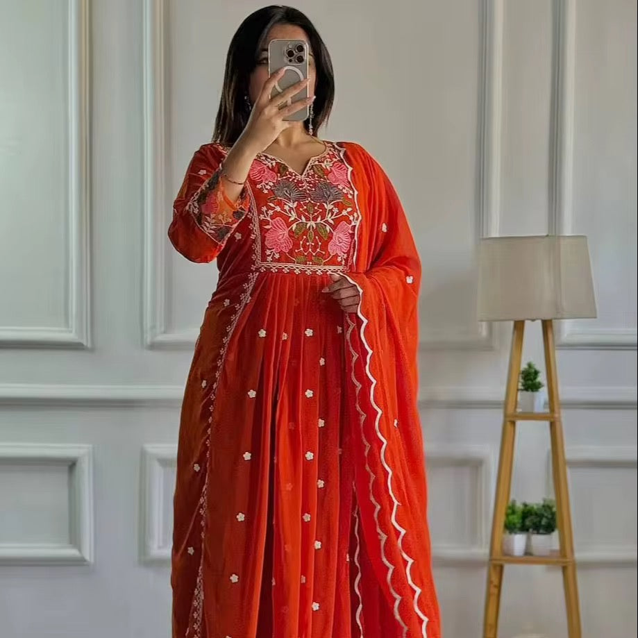 Bollywood Long Anarkali Gown - Orange