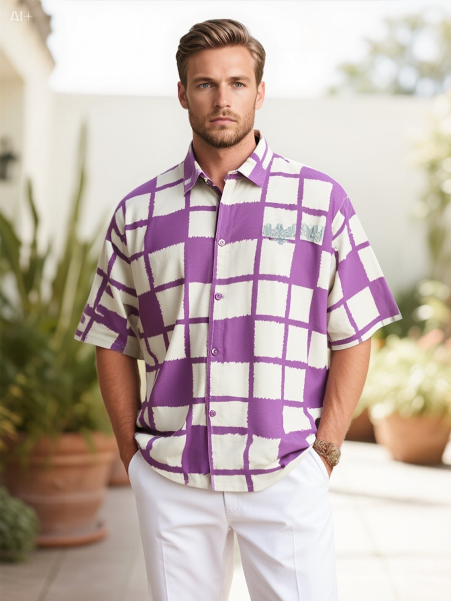 Oversized Check Shirt in Purple & Cream