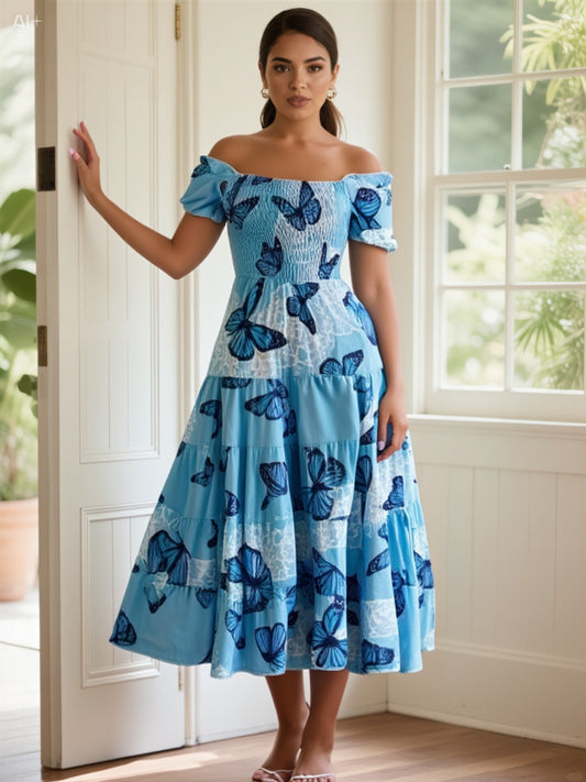 Romantic Blue Butterfly Smocked Maxi Dress