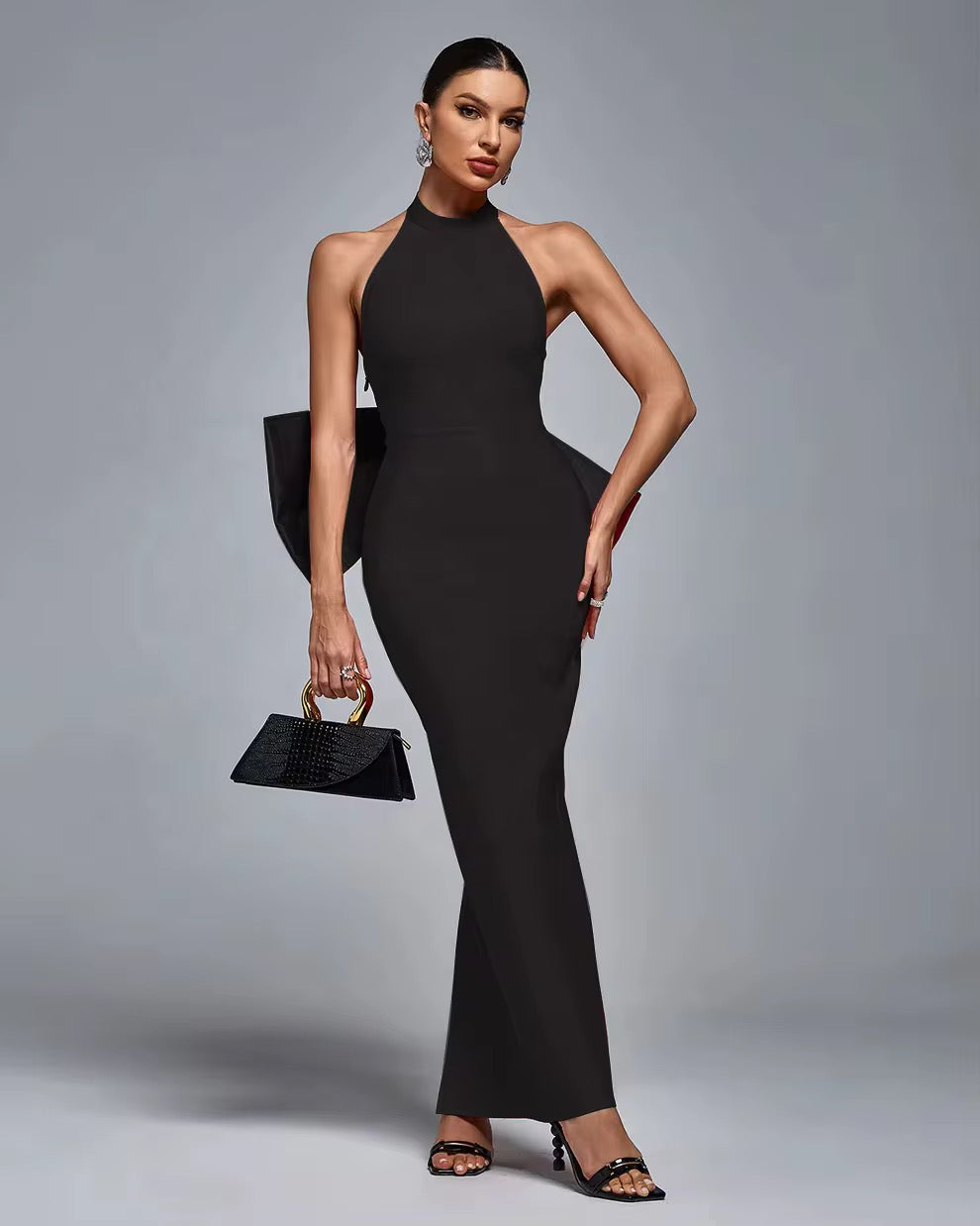 Backless 3D Bow Halter Evening Dress - Sexy Maxi Gown