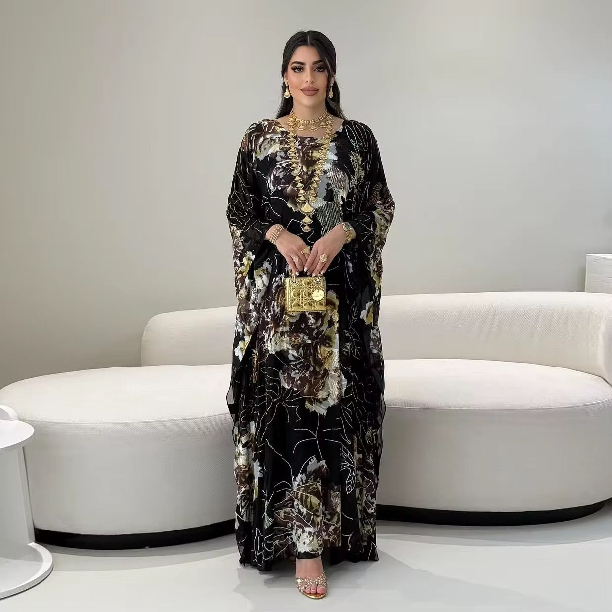 Bat Sleeve Abaya - Floral Lace Maxi Dress for Evening Parties