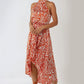 Orange Floral Halterneck Wrap Midi Dress