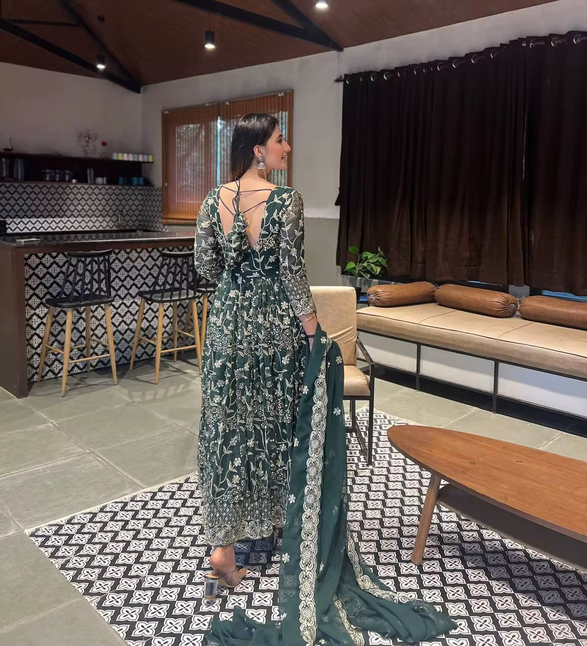 Indian-Pakistani Chinon Embroidery Gown Set - Sequence Multi-Work