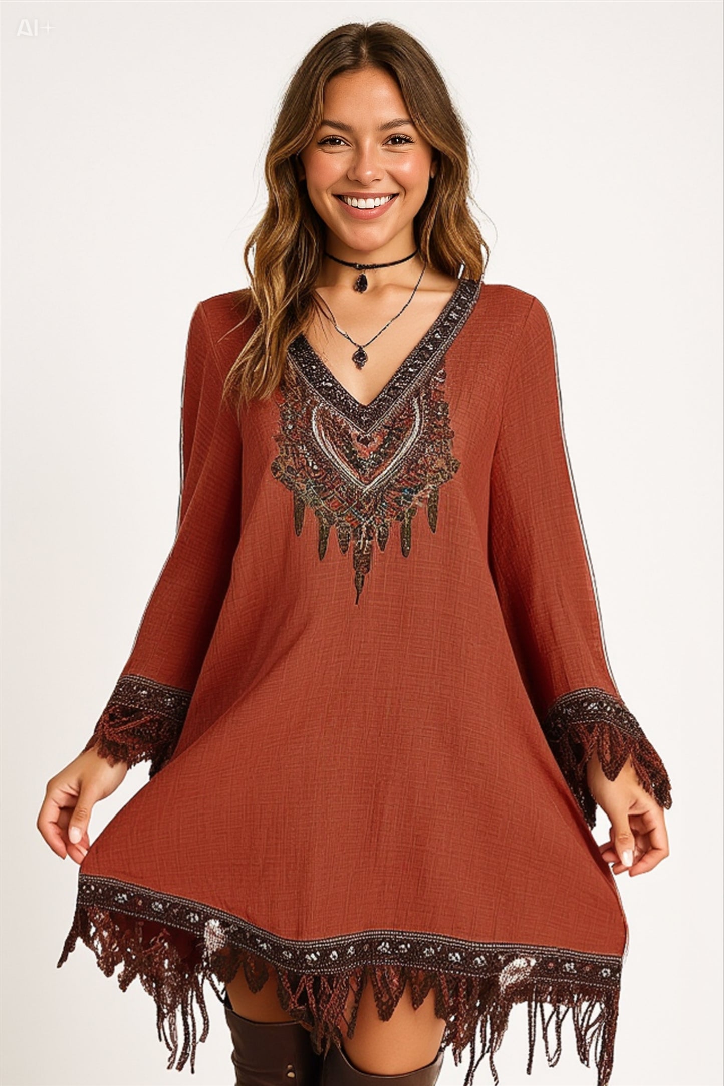 Elegant Boho Lace Dress with Tassel Hem and Embroidered Detail