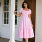 Elegant Pink Smocked Midi Dress with Puff Sleeves