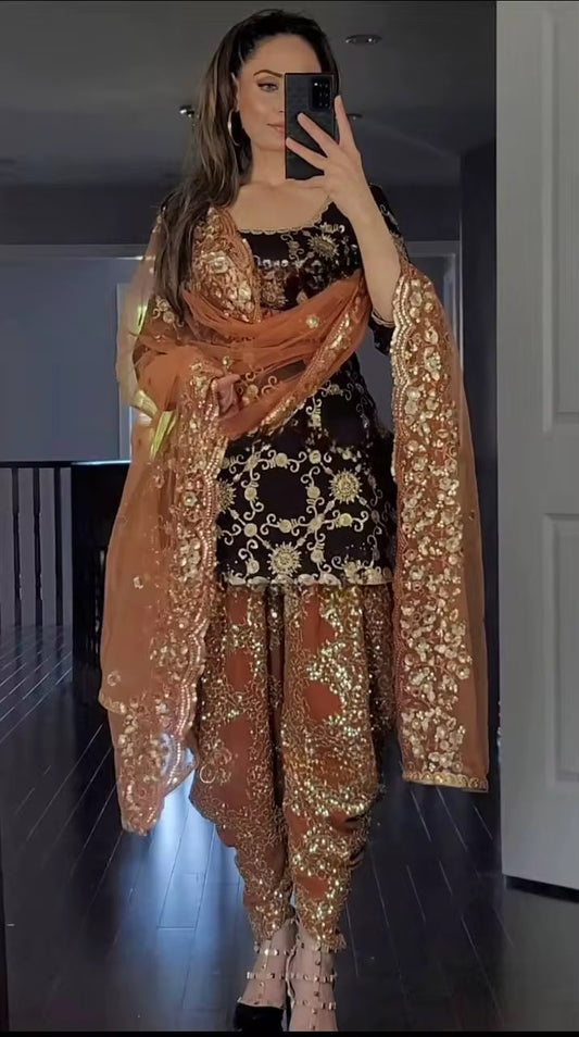 Heavy Embroidered Bollywood Salwar Kameez - Brown