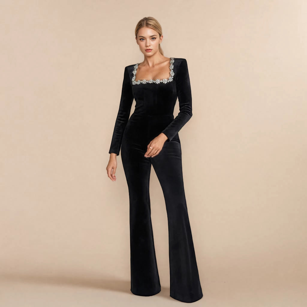 Elegant Rhinestone Beaded Jumpsuit - Long Sleeve Square Collar