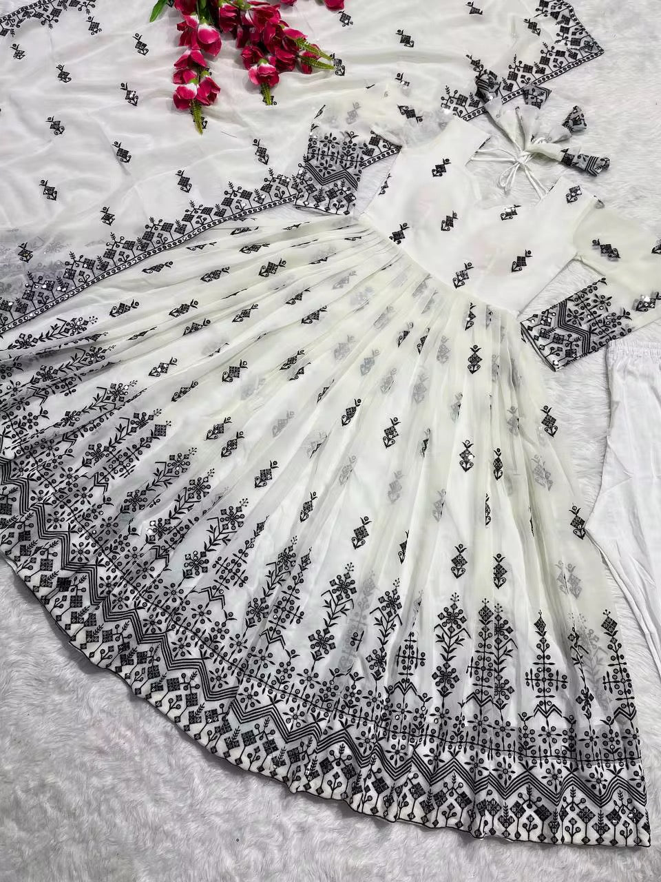 Stylish White Salwar Kameez - Embroidered Georgette Party Wear