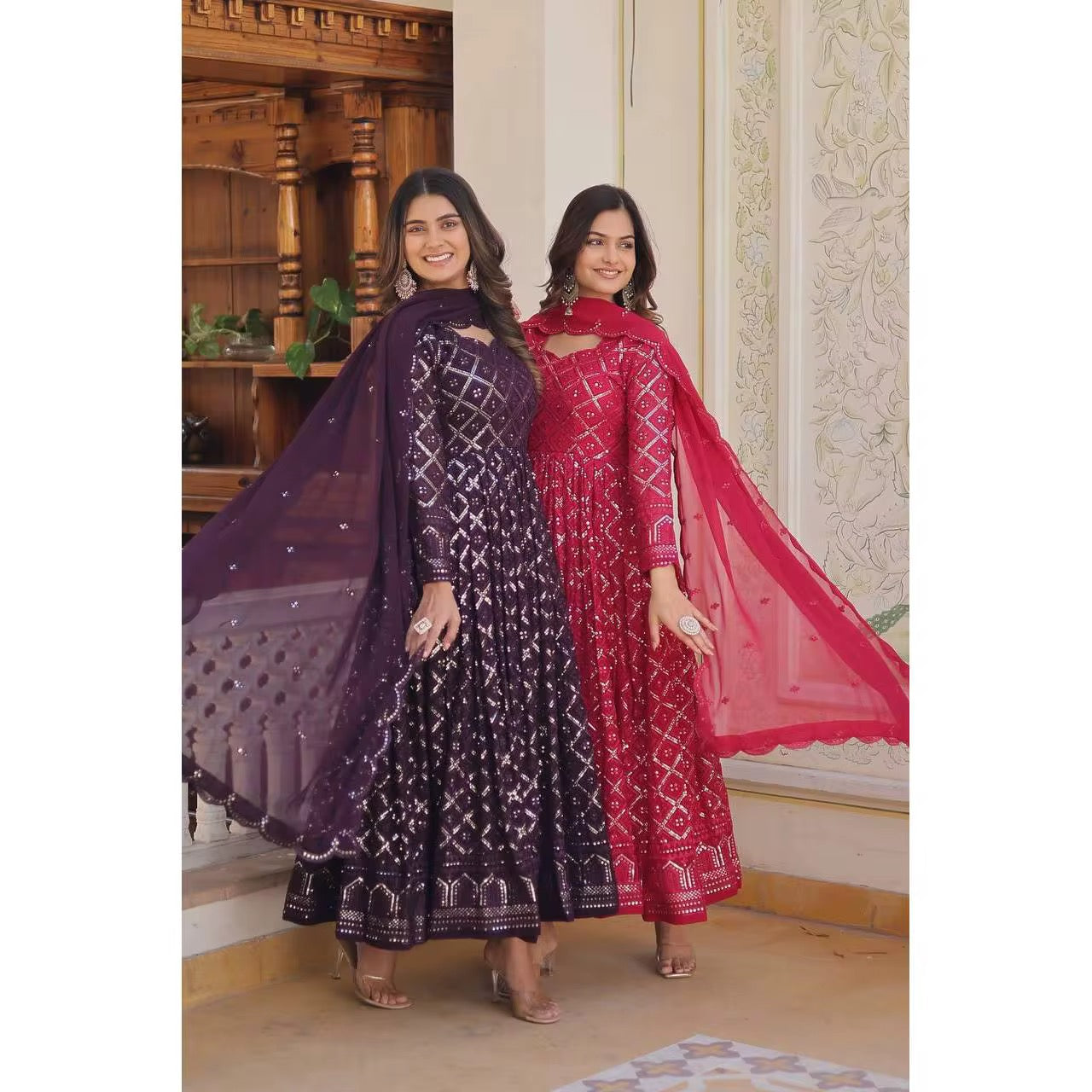Designer Women's Gown and Dupatta Set with Sequins Embroidery