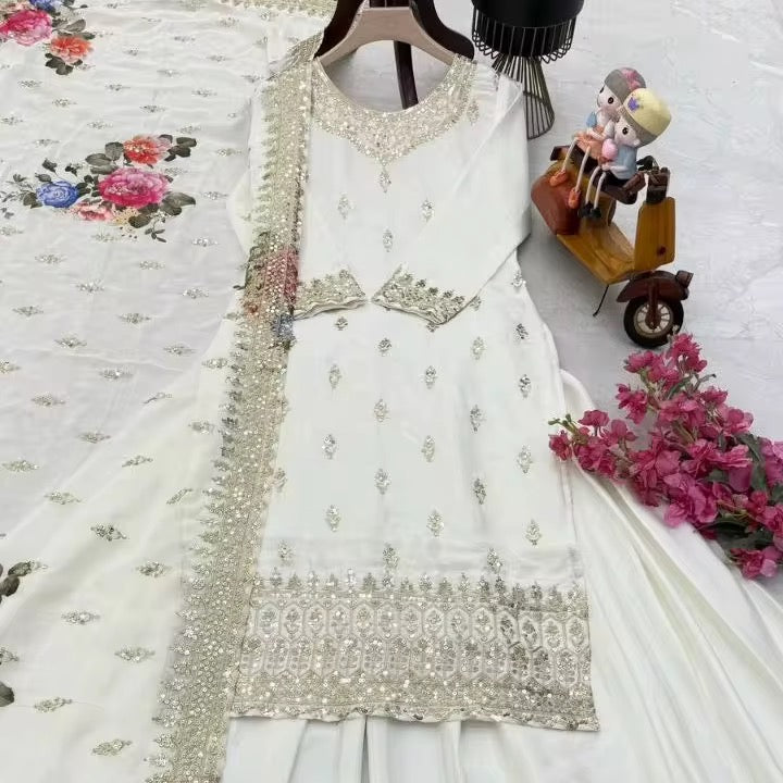 Designer Silk Salwar Kameez Three-Piece Set - White