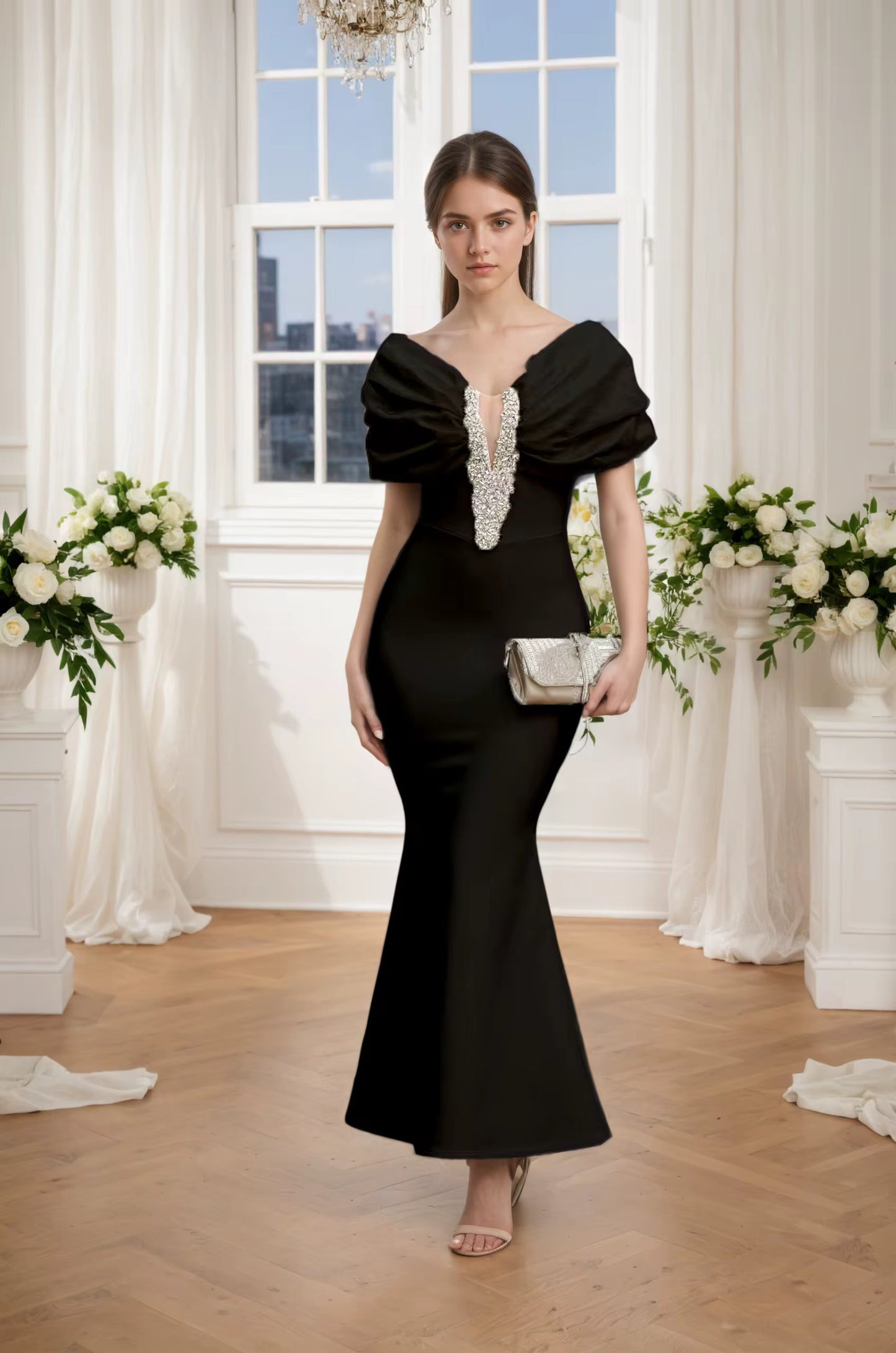 Elegant Backless Midi Dress - Bubble Sleeve Beaded