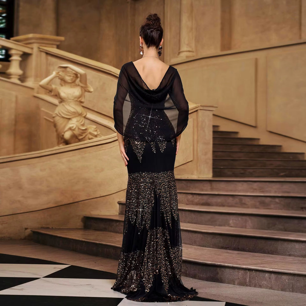 Sequined V-Neck Bodycon Evening Dress - Floor Length Party Dress