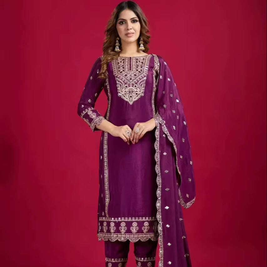 Bollywood Style Silk Salwar Kameez - Embroidered Party Wear
