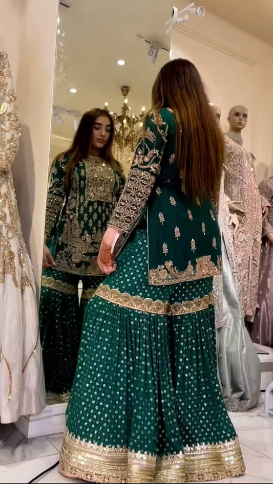 Designer Indian Embroidery Sharara Gharara Kurti Set - Georgette