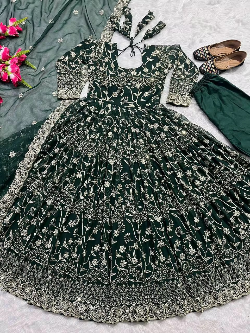 Indian-Pakistani Chinon Embroidery Gown Set - Sequence Multi-Work