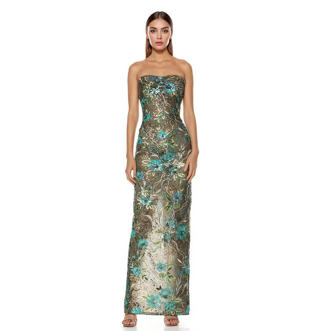 Green Floral Sequin Embroidery Maxi Evening Dress - Strapless Formal Gown