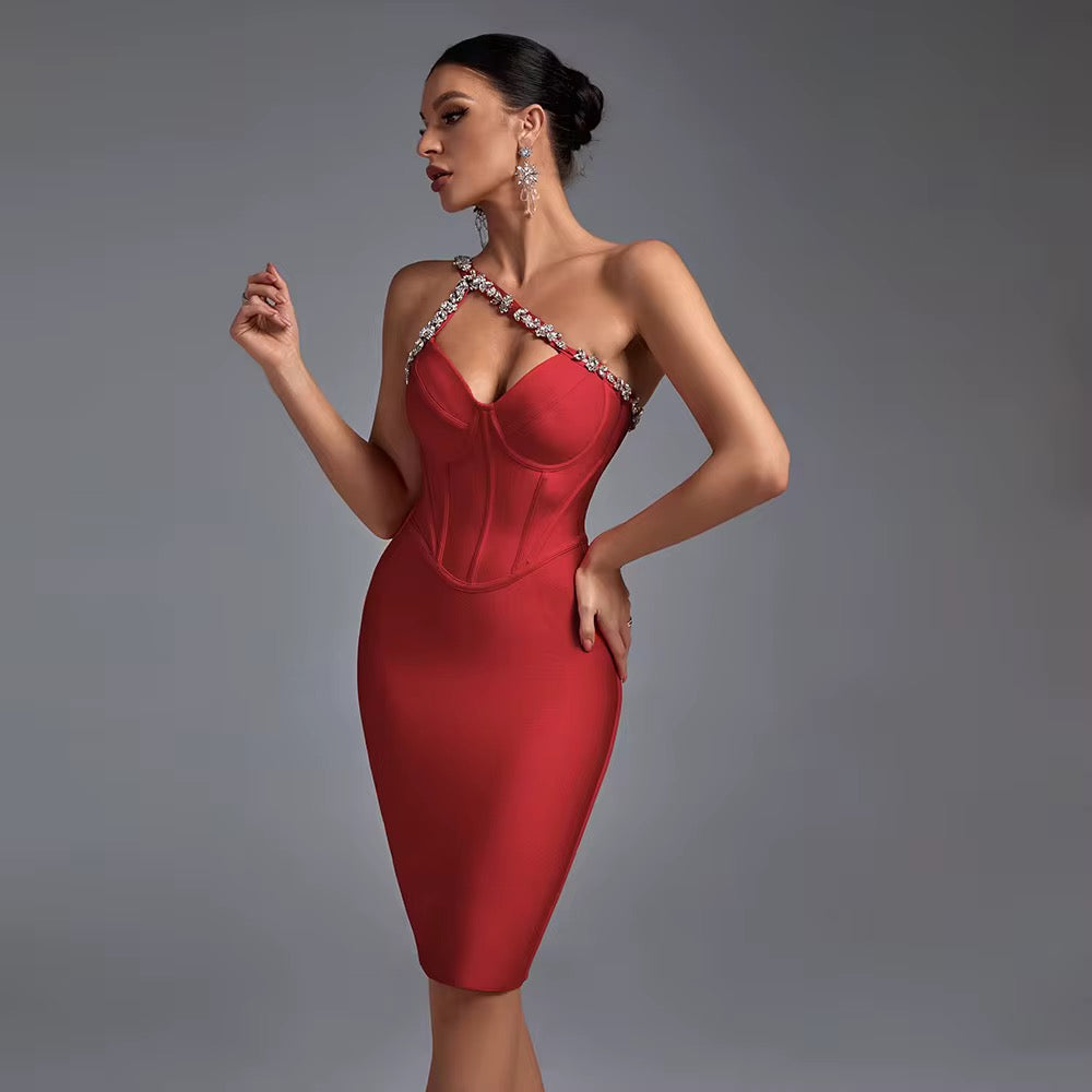 Elegant One-Shoulder Crystal Bodycon Mini Dress - Bandage Party Dress