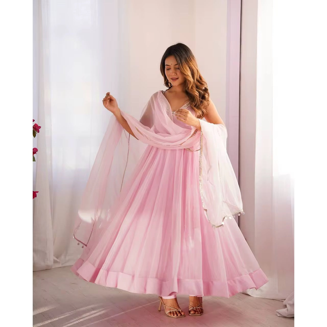 Anarkali Party Wear Designer Gown - Pink Georgette Embroidered Suit Set