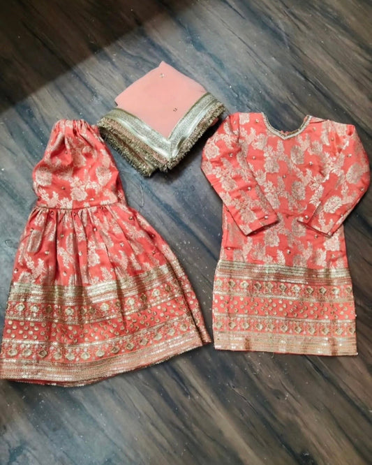 Pure Chiffon Embroidered Punjabi Suit - Coral Pink Premium Work Wear