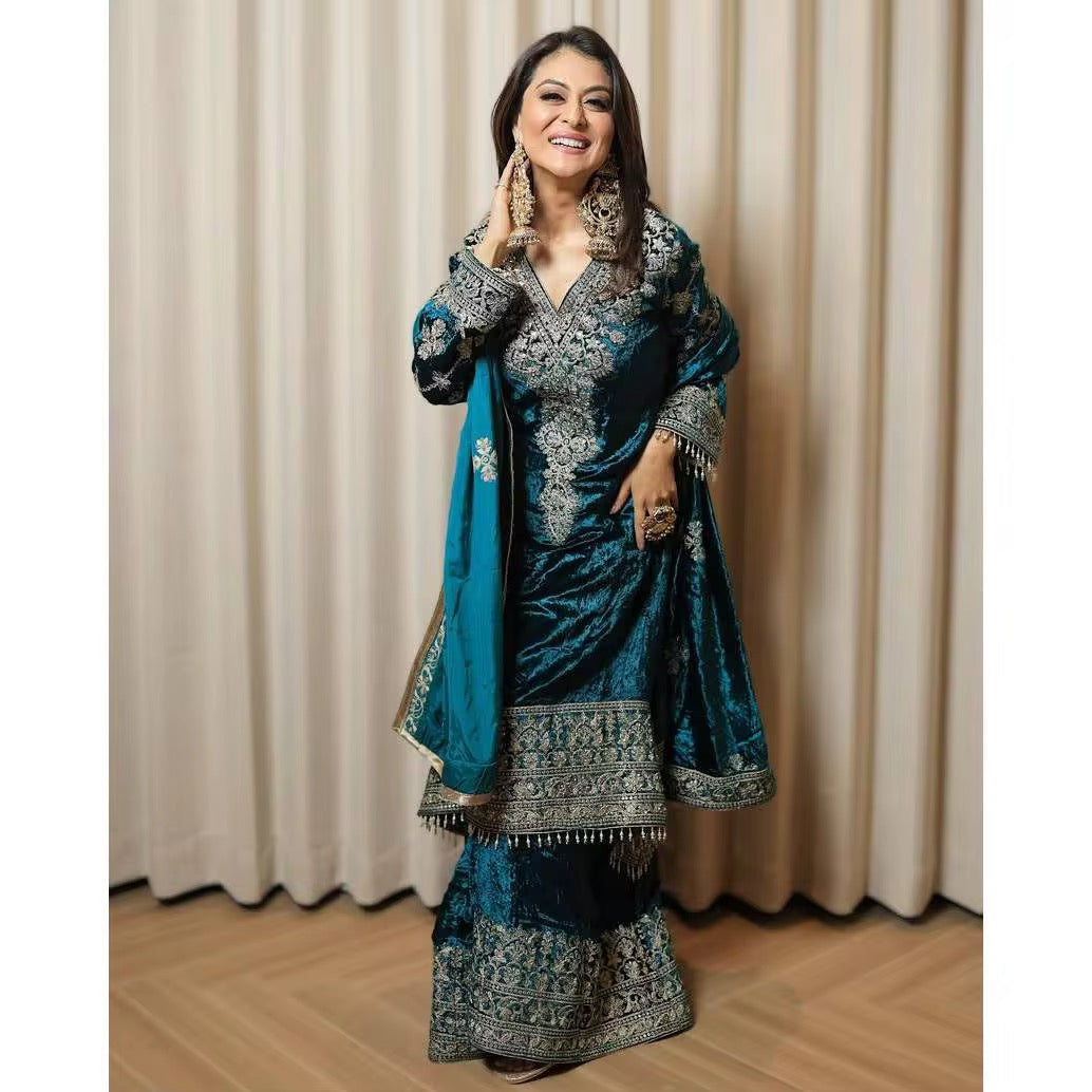 Designer Velvet Party Wear Ensemble - 3 Piece Set